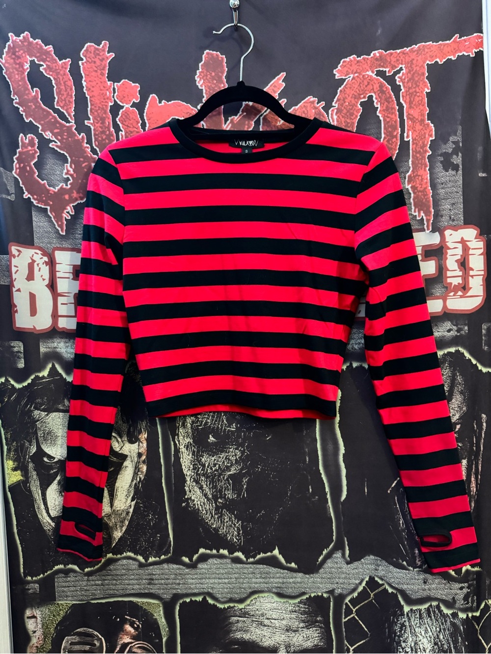 Dolls Kill Widow Red & Black Striped Long-Sleeve Crop Top
